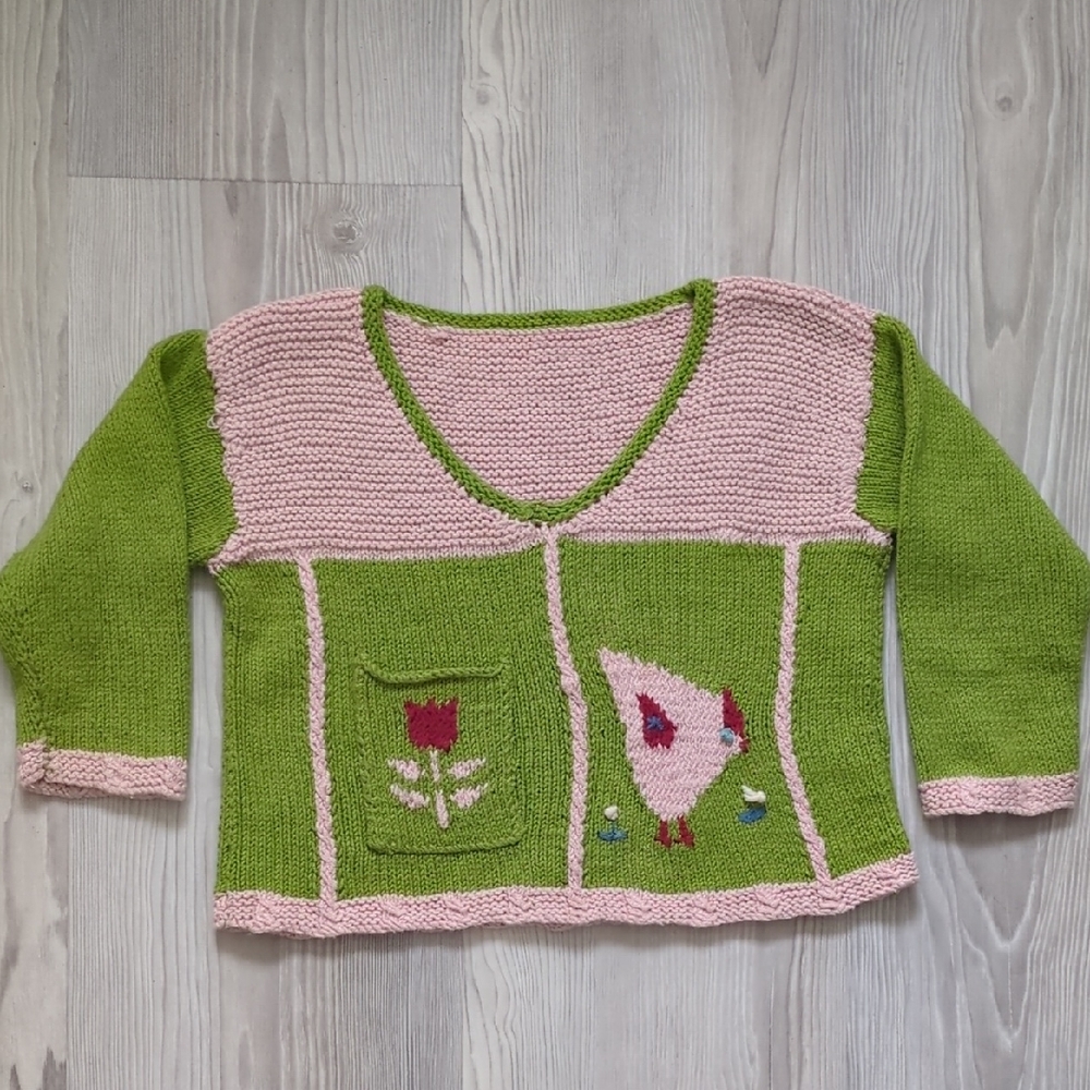 Kids Sweater Pocket Flower Chicken Handmade 4T Knit Pink Green